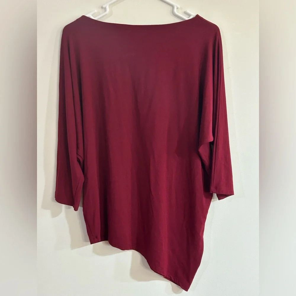 Eileen Fisher Burgundy Red Dolman 3/4 Sleeve Bias Hemline Scoop Neck Medium - Picture 5 of 7